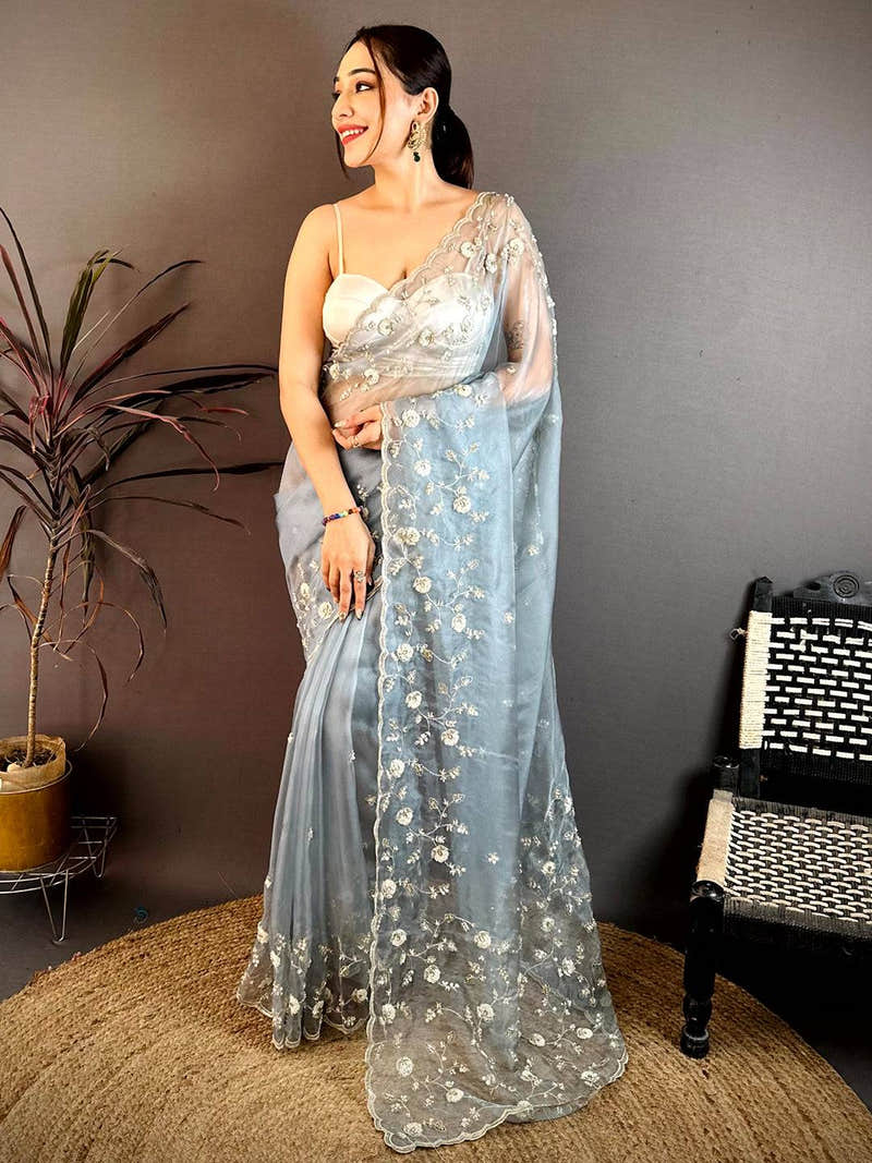 Grey Pearl Sequin Embroidered Organza Saree