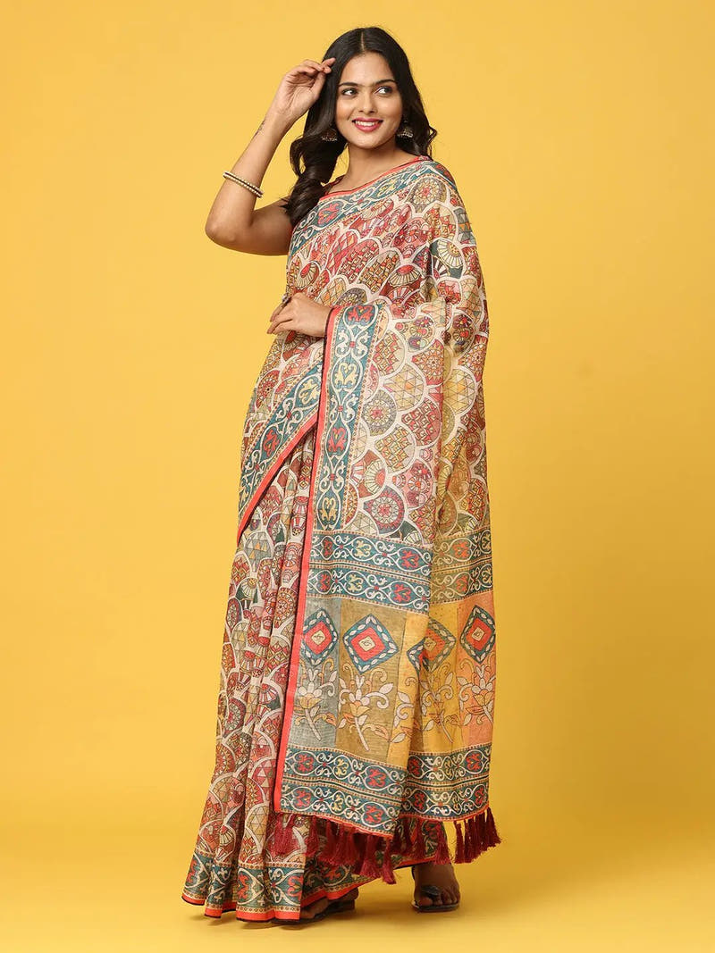 Soft Linen Kalamkari Block Print With Sequin Border