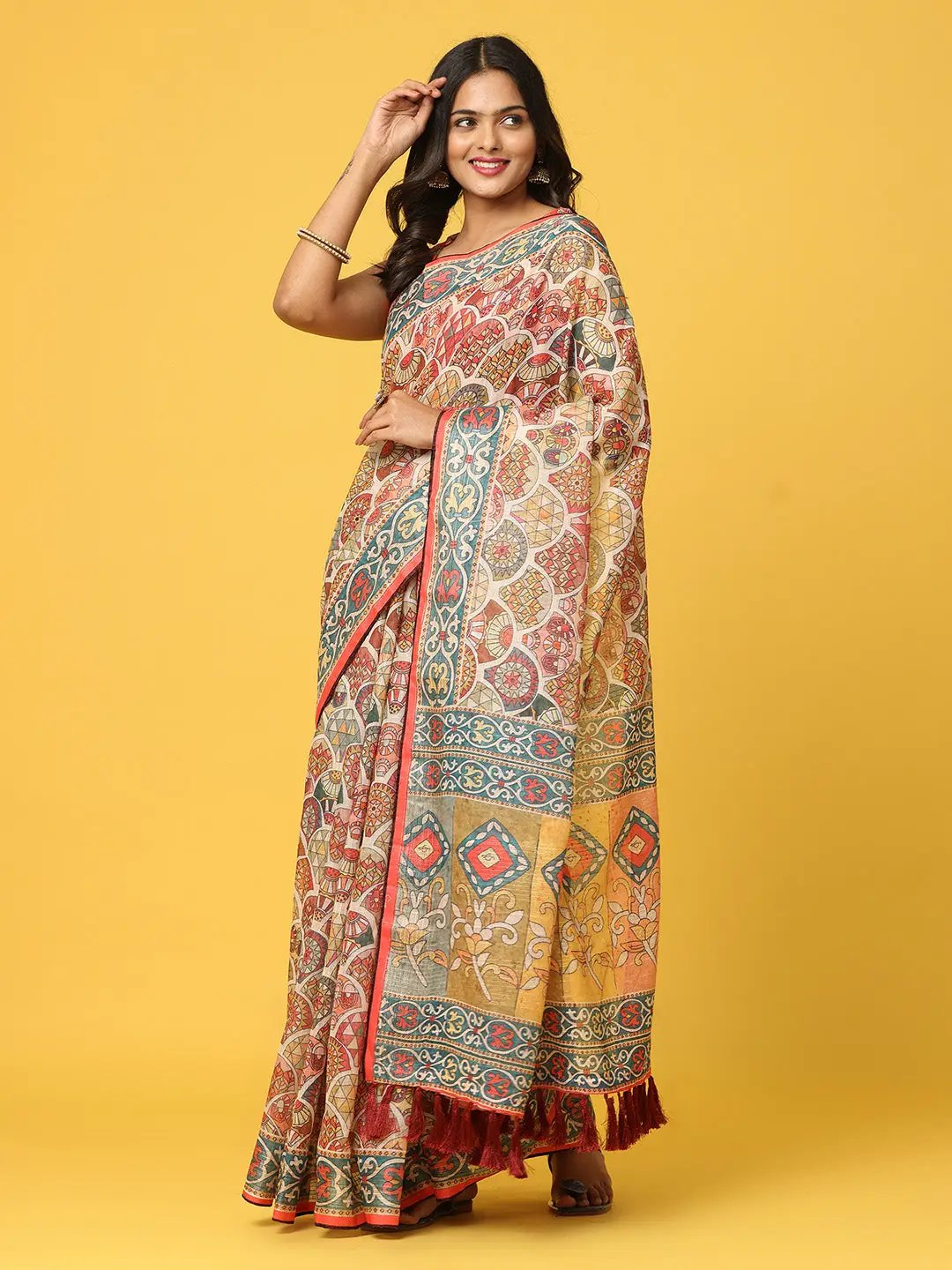 Soft Linen Kalamkari Block Print With Sequin Border