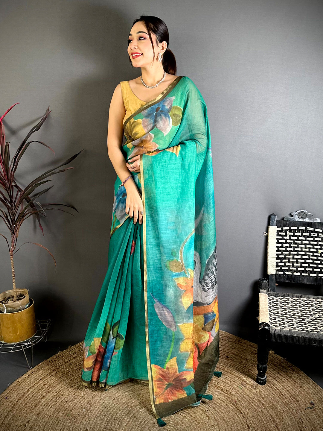 Artistic Kalamkari Linen Chanderi Saree