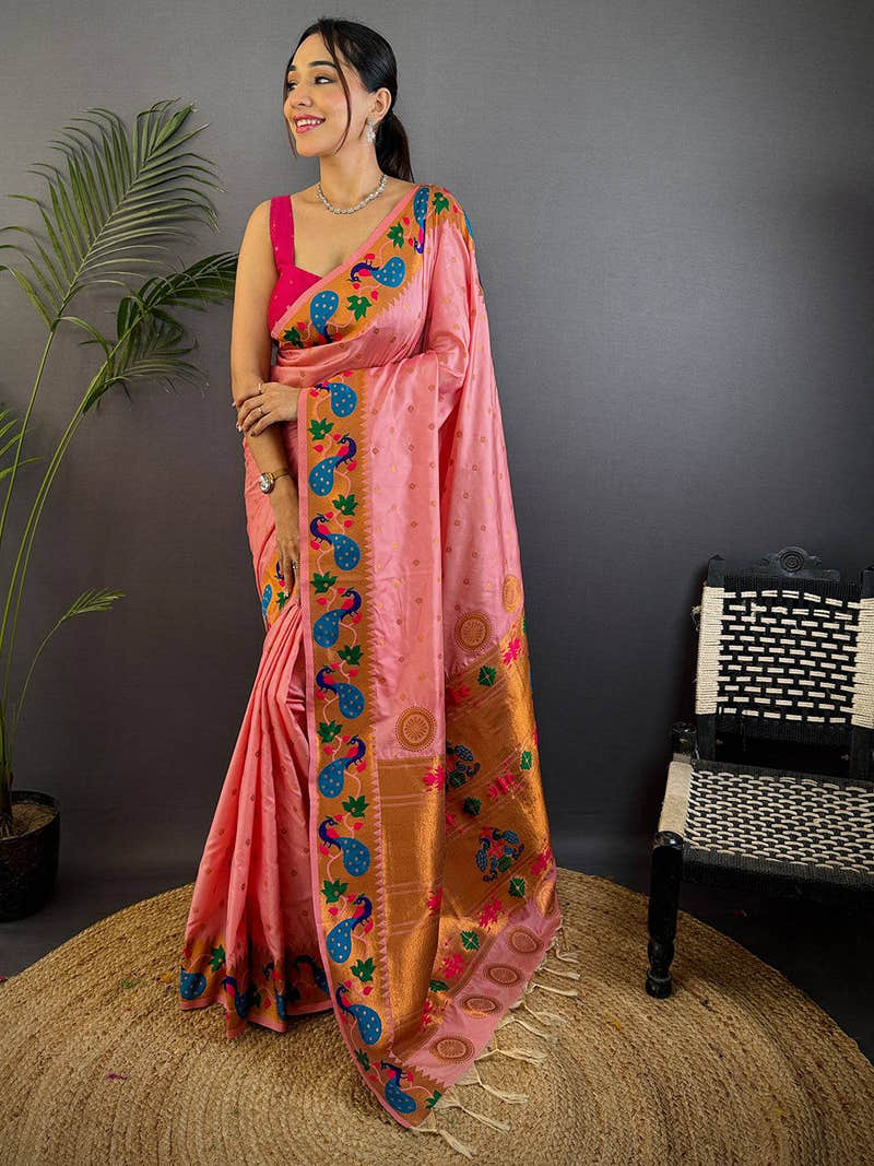 Peach Yeola Paithani Soft Silk Saree