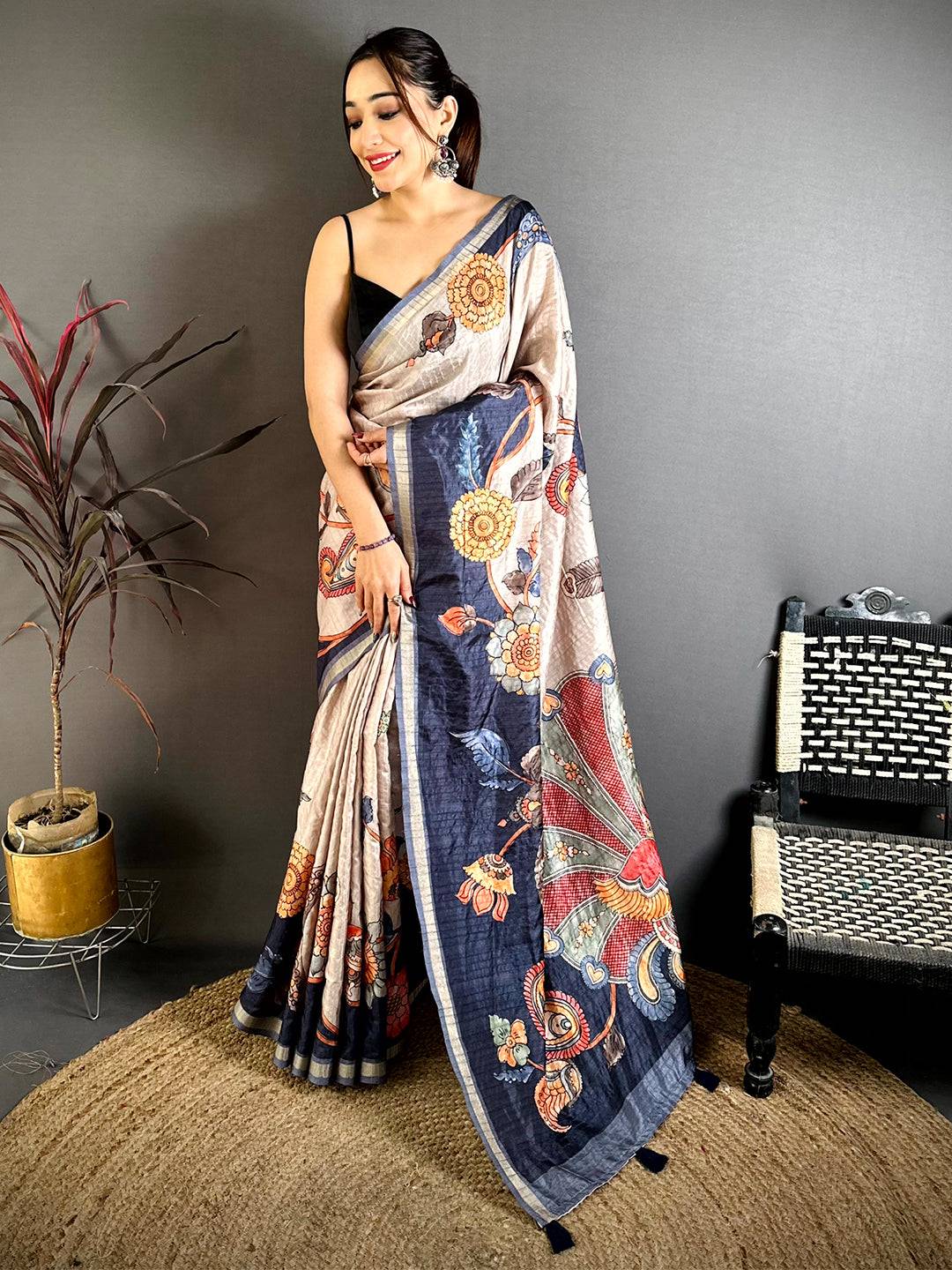 Graceful Soft Tussar Kalamkari Saree