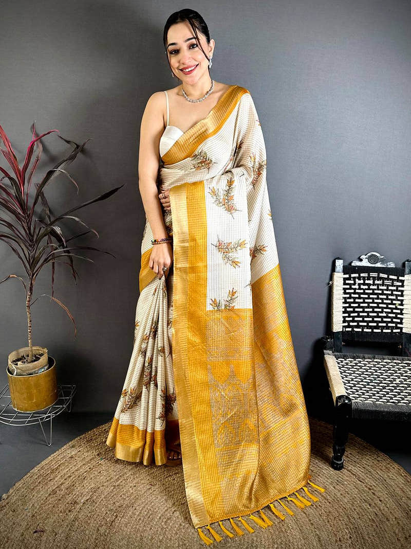 Yellow Leaf Minakari Tussar Saree