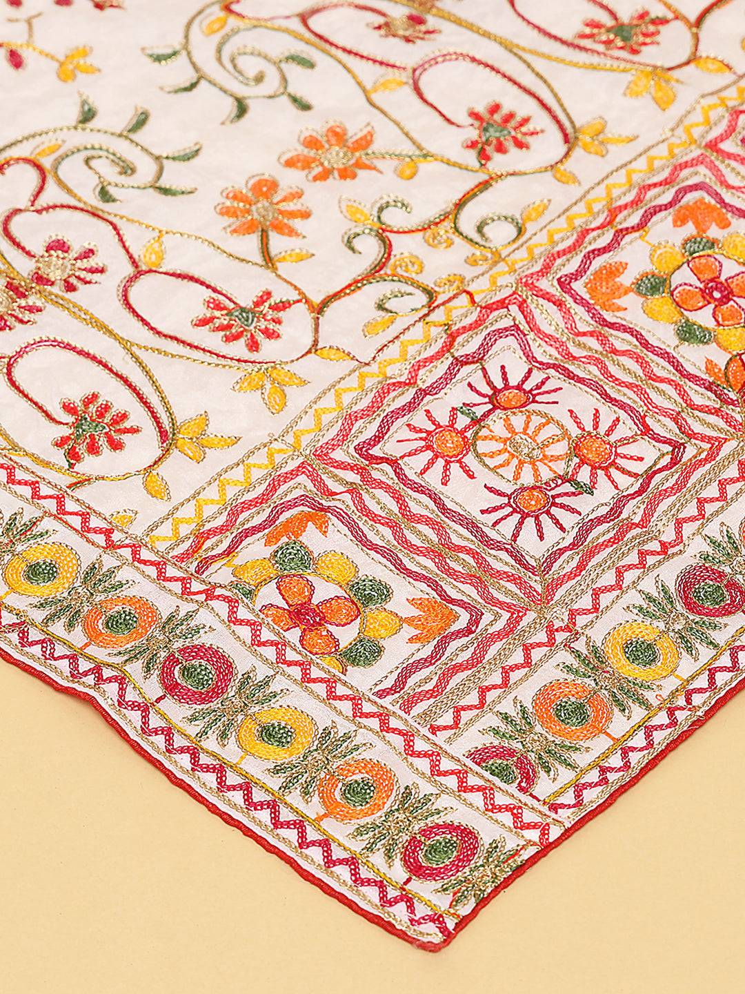 Close-up of detailed threadwork on poly chiffon pashmina dupatta