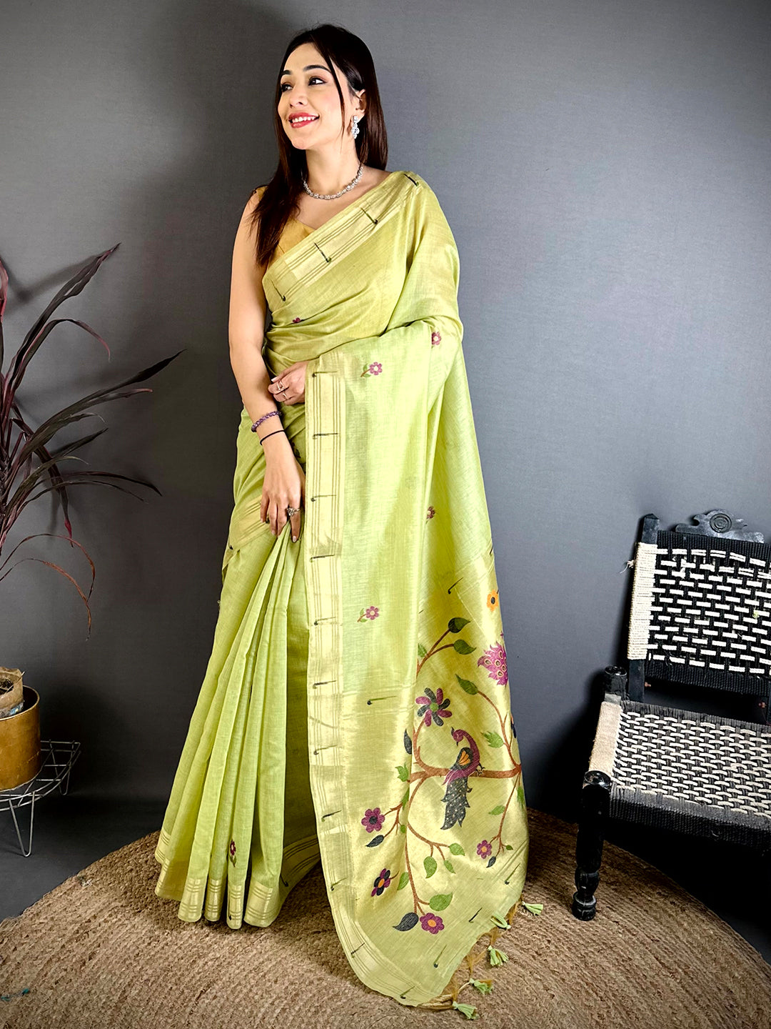 Pista Sunflower Minakari Khadi Saree