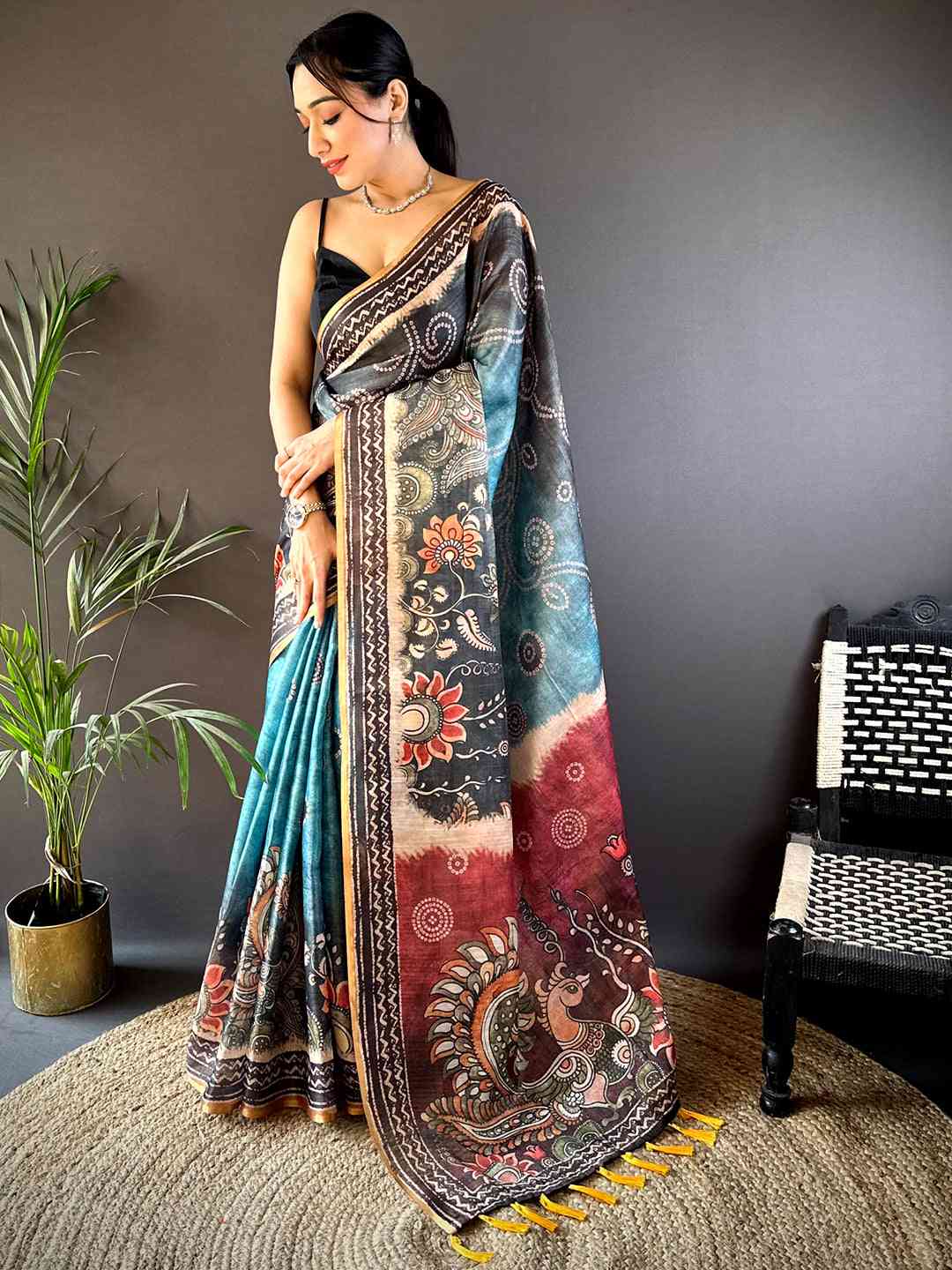 Steel Blue Kalamkari Bandhani Chanderi Saree