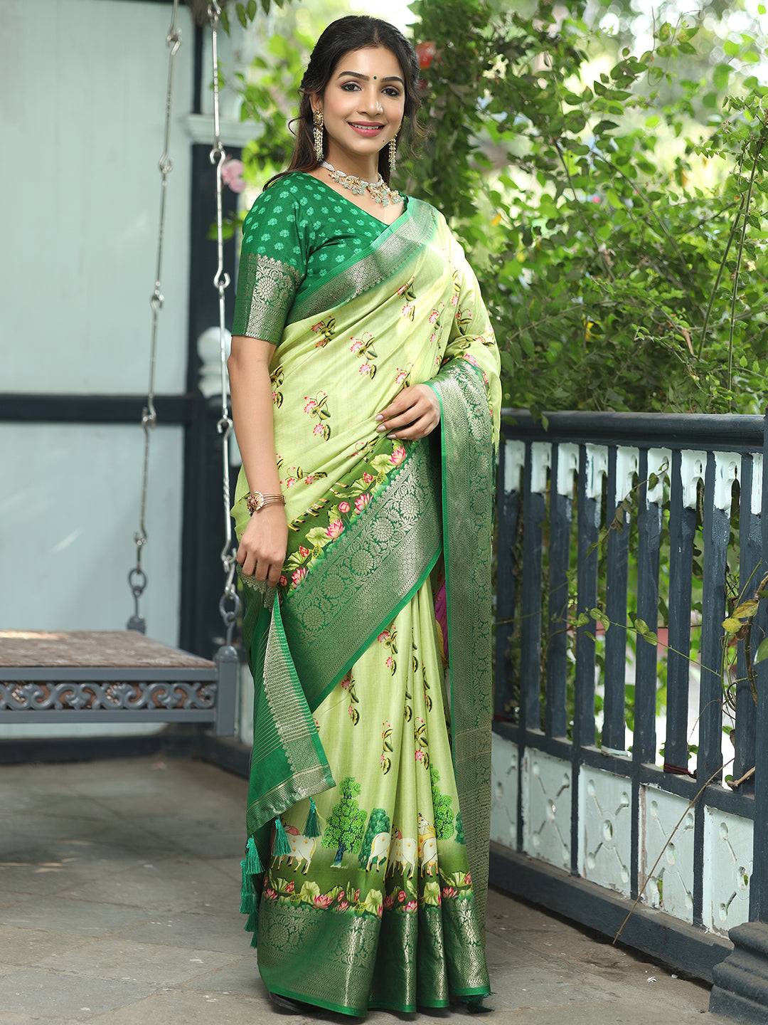 Pichwai Print Zari Weaving Pallu Saree In Light Green Colour