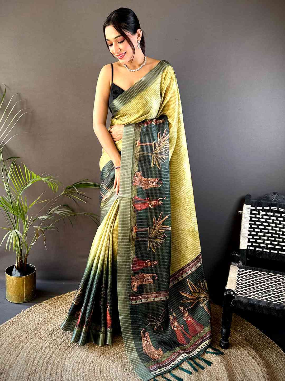 Olive Kalamkari Pichwai Black Check Saree