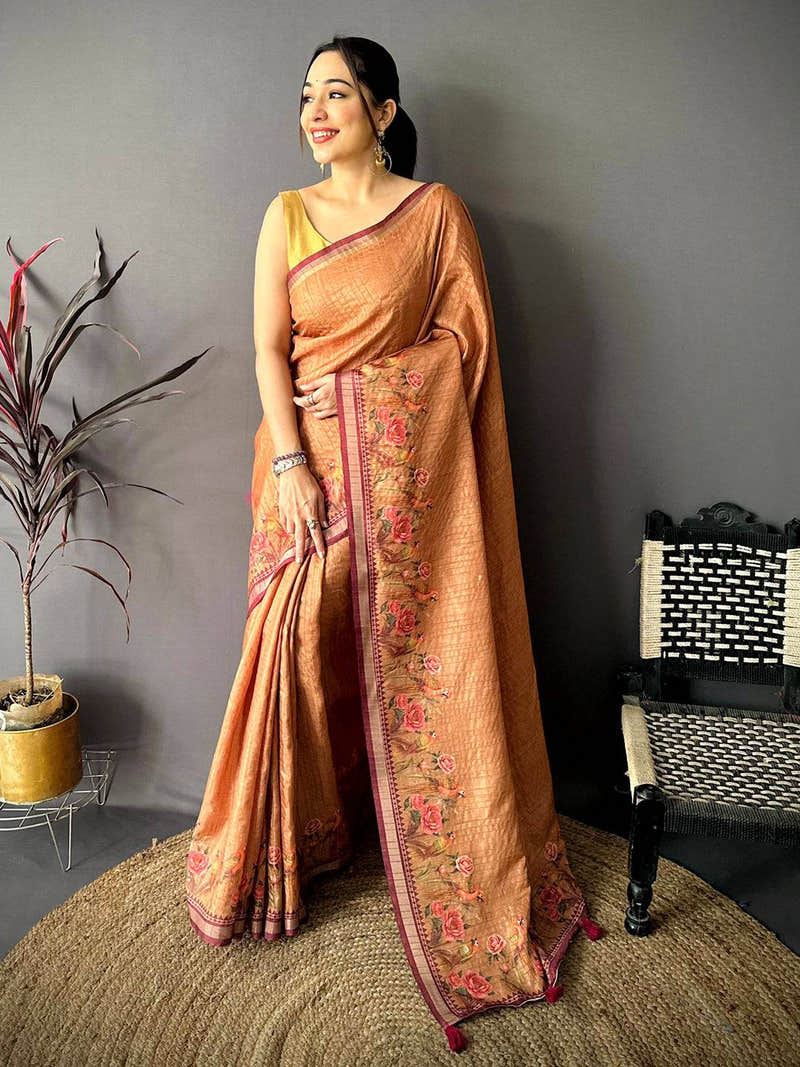 Dusty Yellow Ghicha Munga Saree