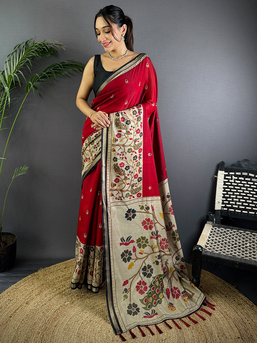Red Pure Cotton Viscose Kalamkari Print Saree