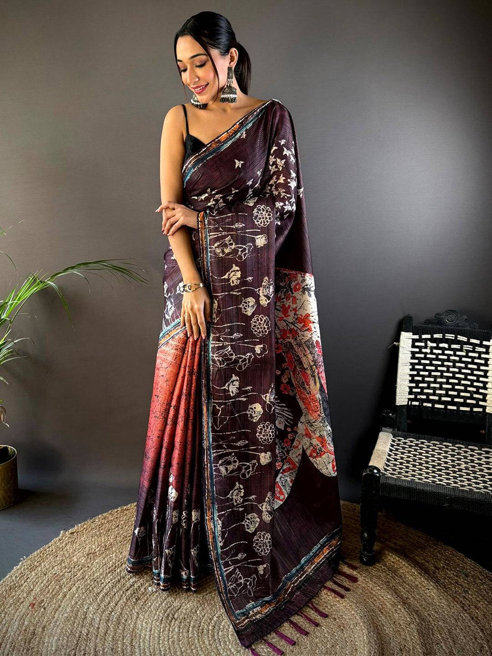 Purple Monochromatic Botanical Print Saree
