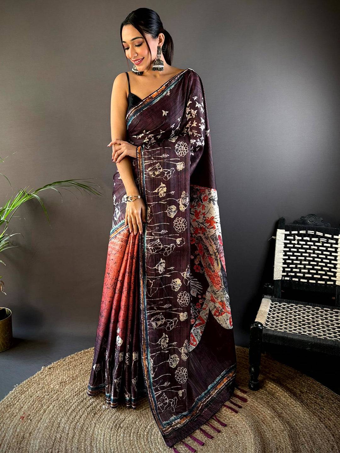 Purple Monochromatic Botanical Print Saree