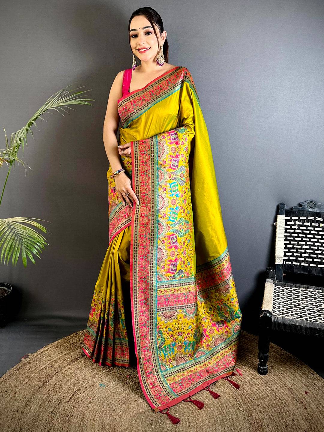 Green Kashmiri Art Soft Silk Saree