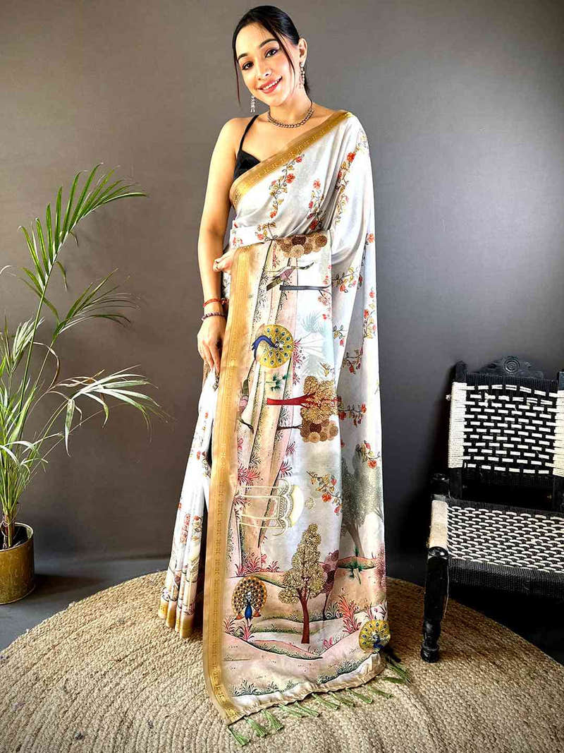 White Soft Silk Kalamkari Print Saree