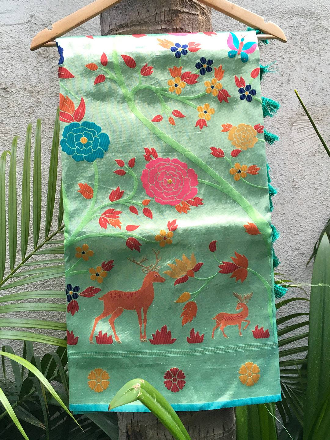 Mint Meenakari Work Paithani Saree with floral and deer motifs