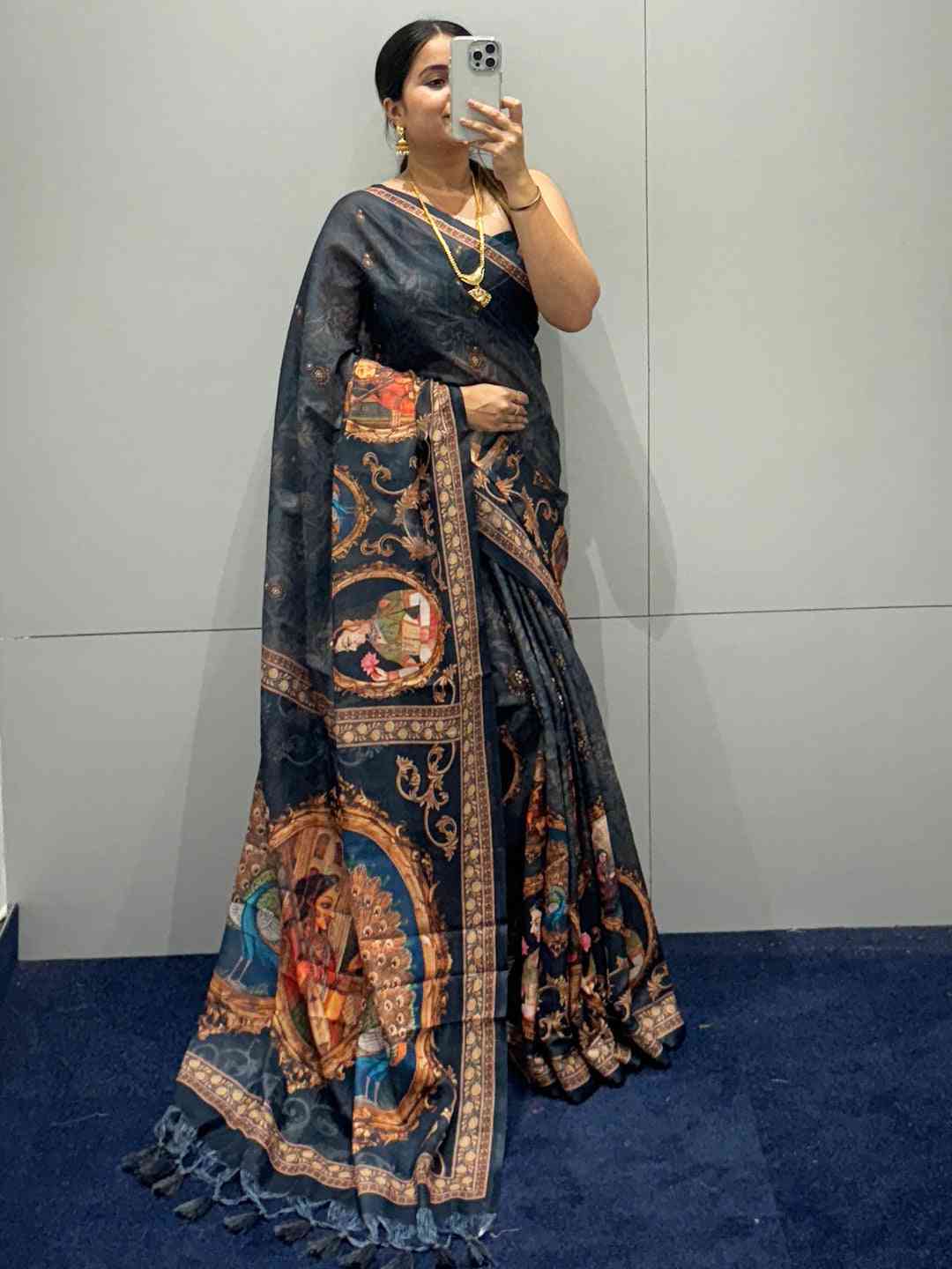 Exclusive Blue Colour Linen Saree with Digital Print