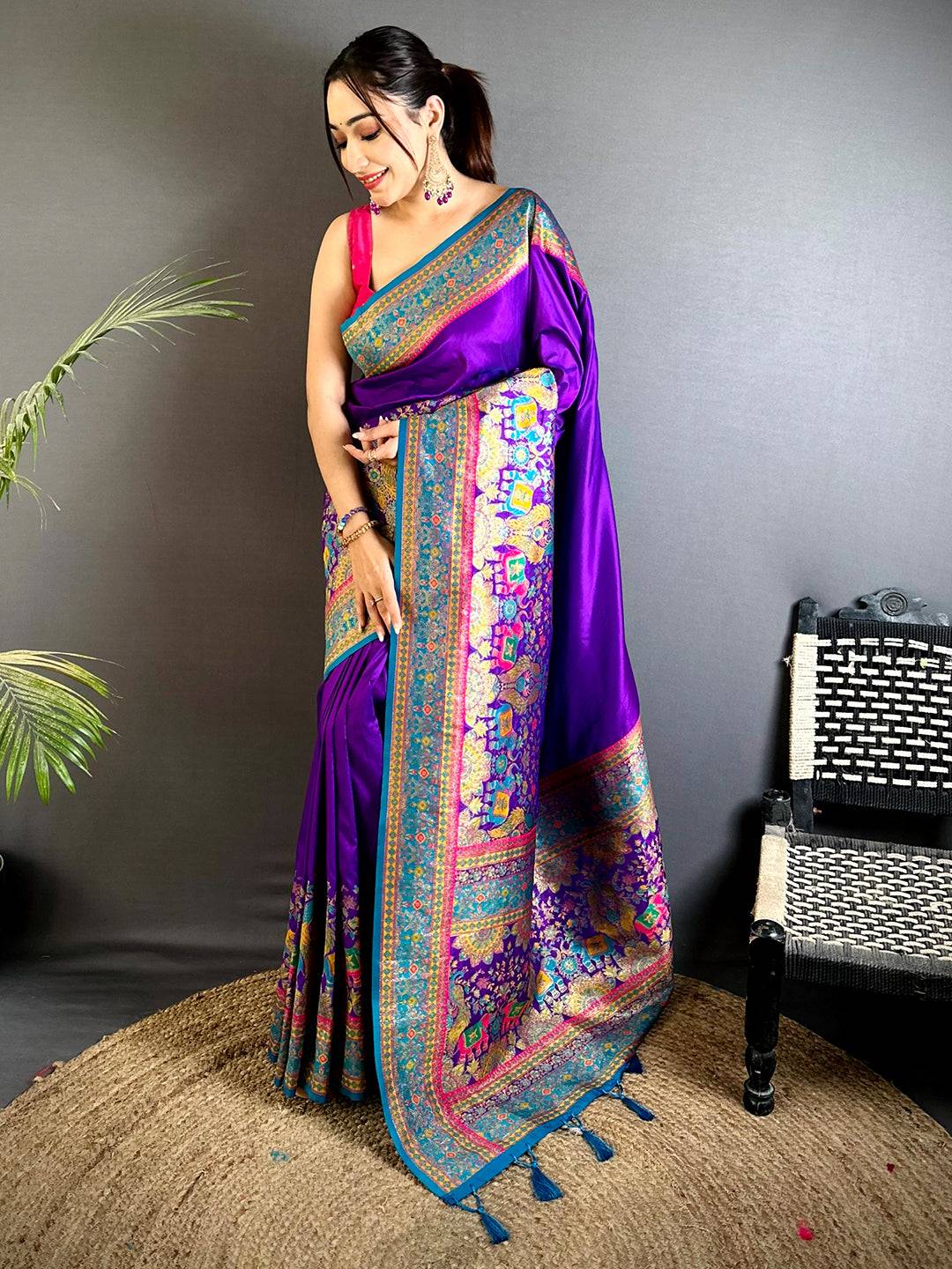 Purple Kashmiri Art Soft Silk Saree