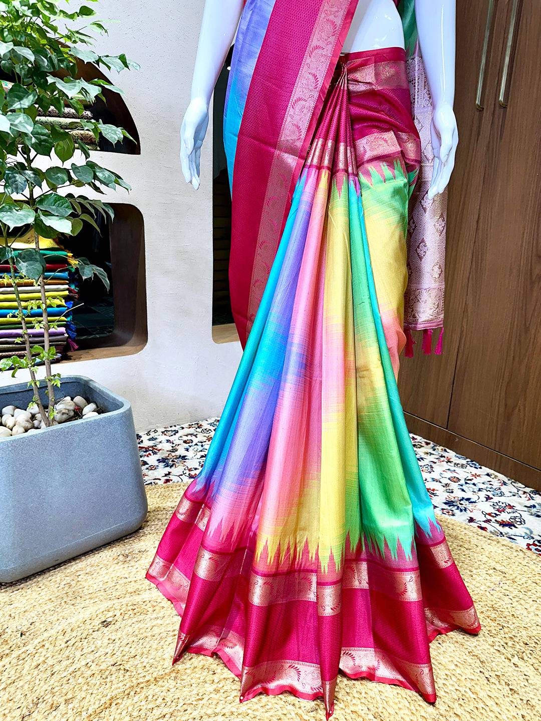 Vibrant Rainbow Ikkat Silk Saree
