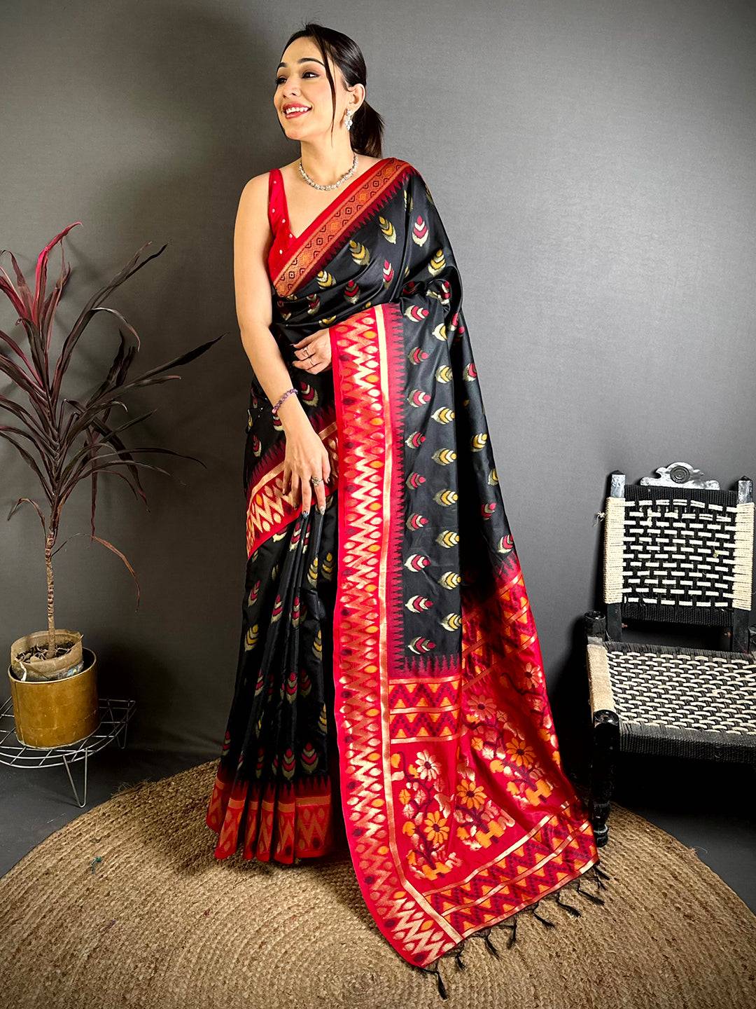 Black Ikkat Minakari Soft Silk Saree
