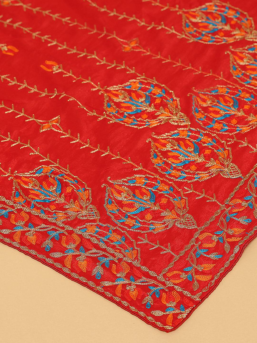 Close-up of red pashmina dupatta with detailed embroidery