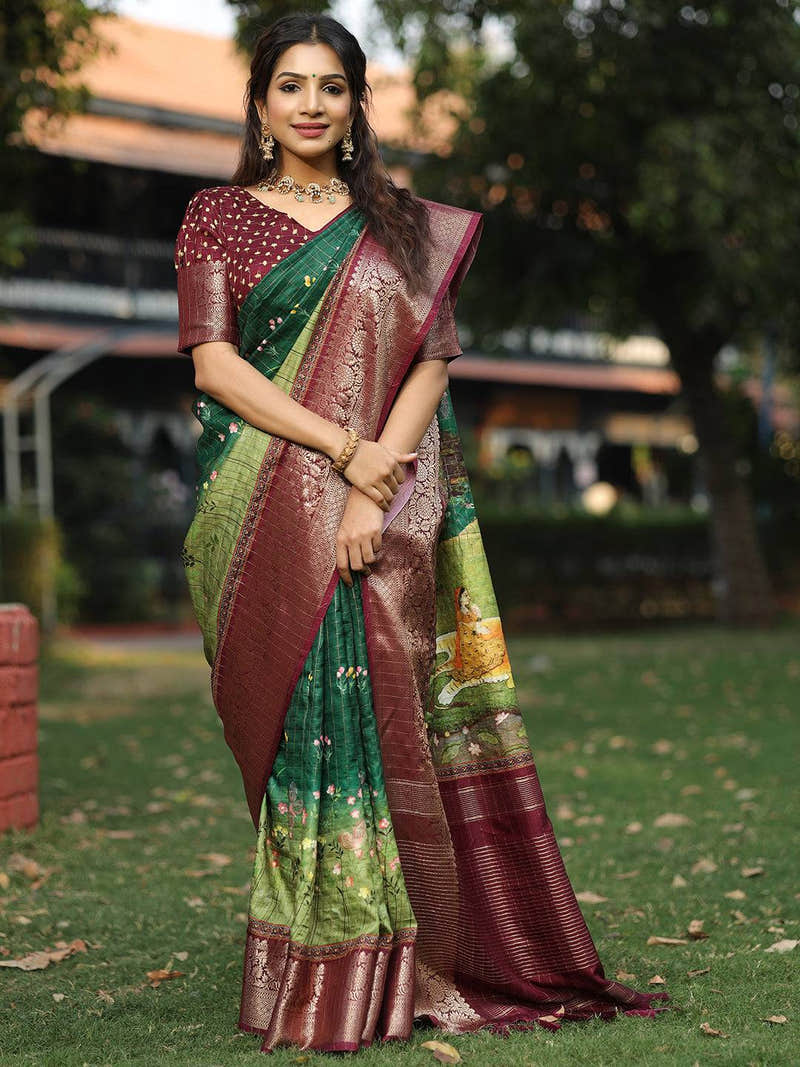 Bottle Green Colour Viscose Dola Silk Saree With Mughal Motifs - Luxe