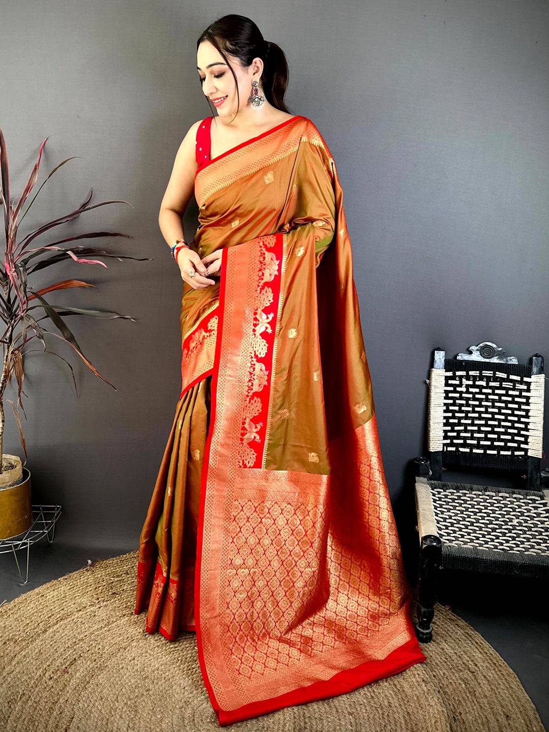 Brown Silk Saree with Red Border and Pallu