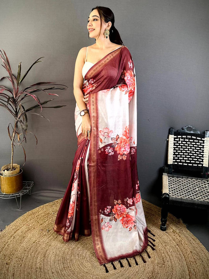 Maroon Soft Silk Floral Lehriya Print Saree