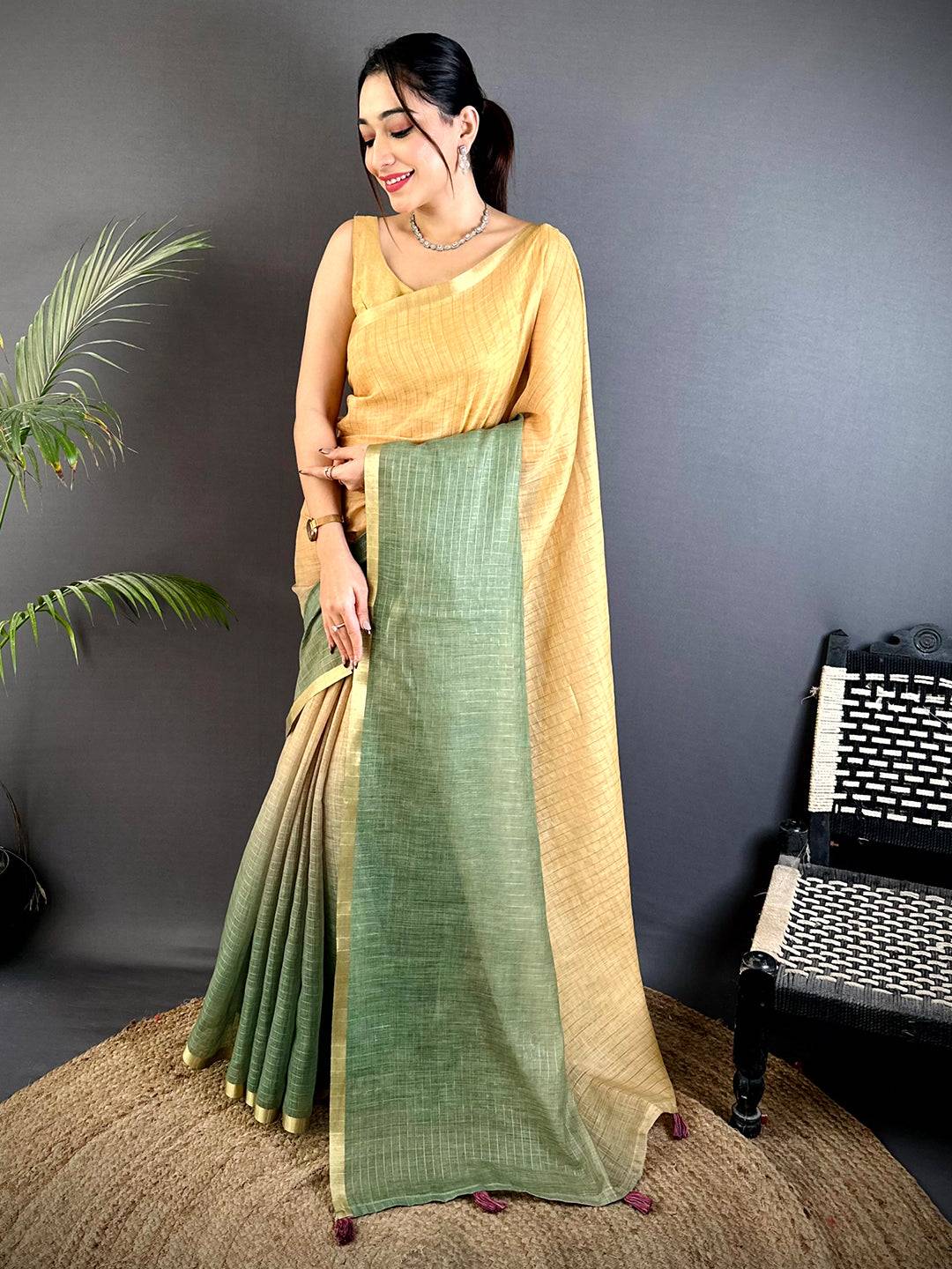 Elegant Linen 90 Zari Check Saree
