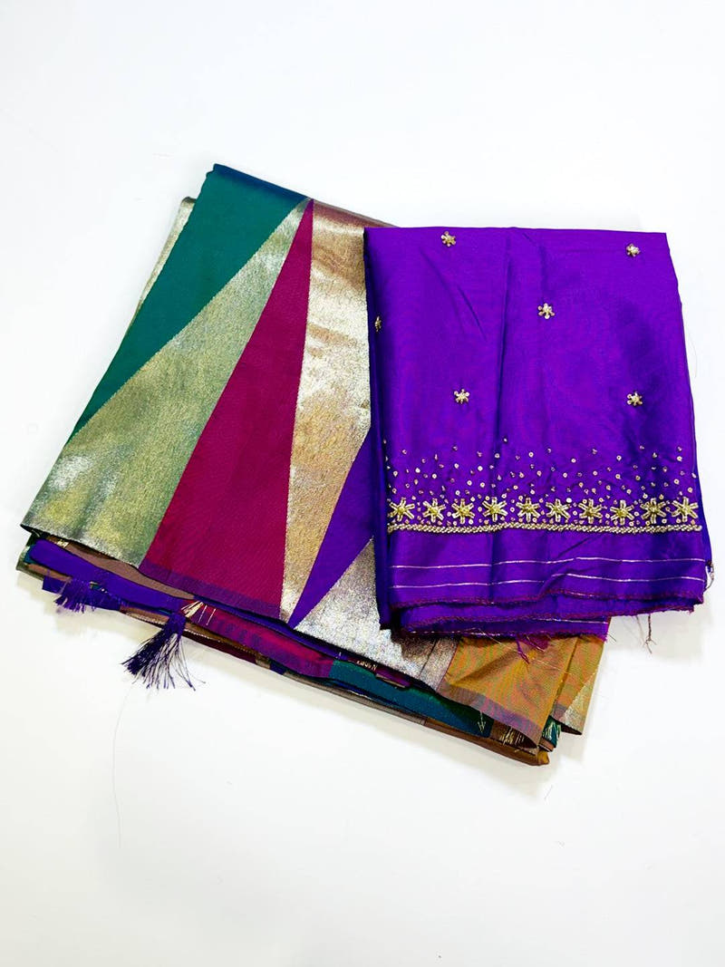 Geometrical Design Kanjivaram Silk Saree With Maggam Blouse