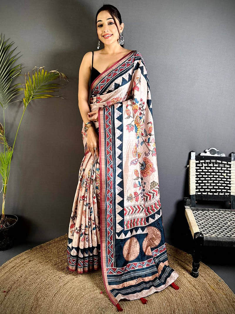 Stylish Ajrakh Kalamkari Tussar Saree