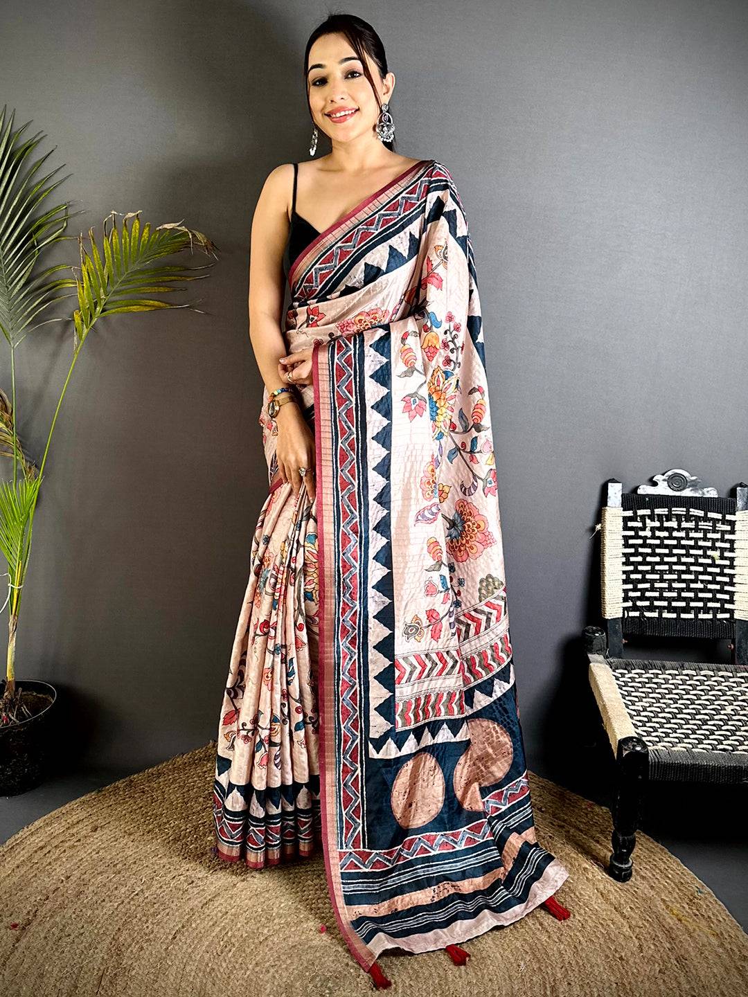 Stylish Ajrakh Kalamkari Tussar Saree