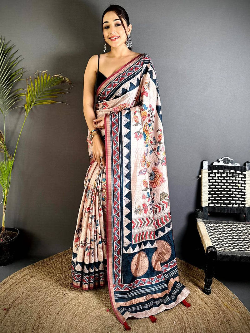 Stylish Ajrakh Kalamkari Tussar Saree