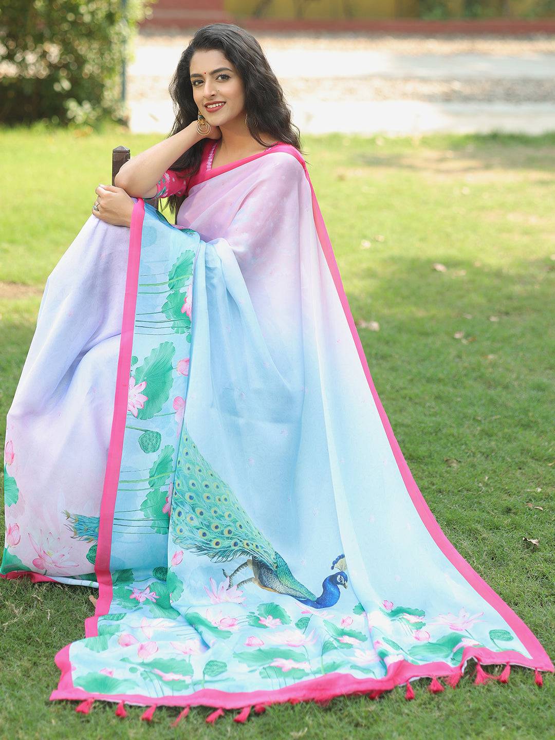 Satin Georgette Light Pink Colour Hand Print Saree