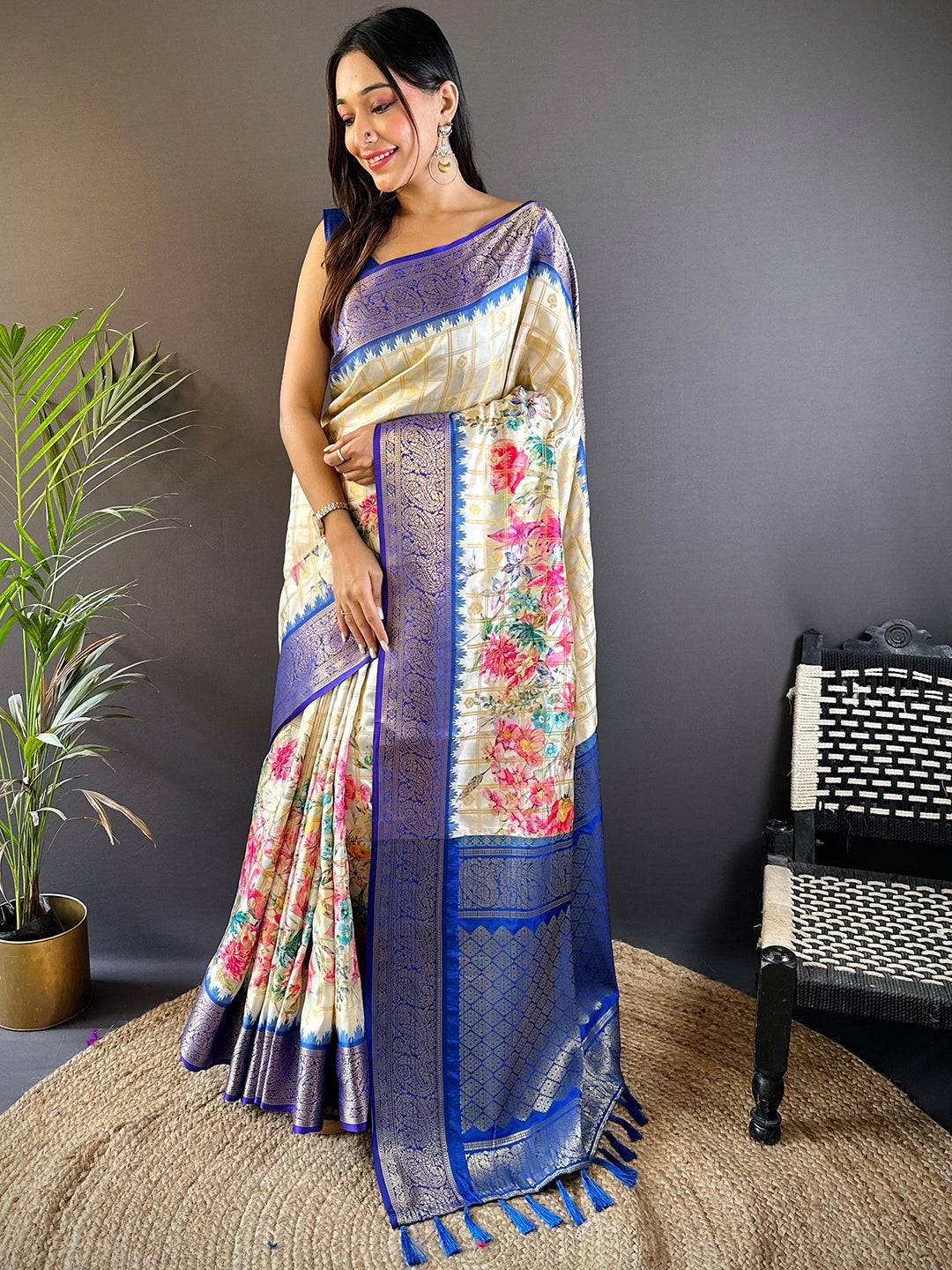 Blue Floral Bloom Kovai Rettapet Saree
