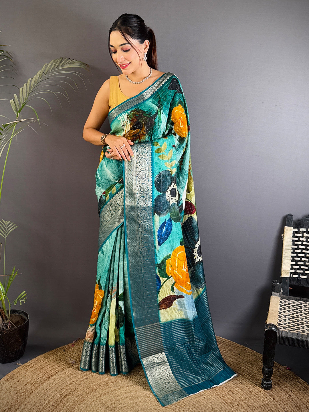 Artistic Turquoise Viscose Floral Saree