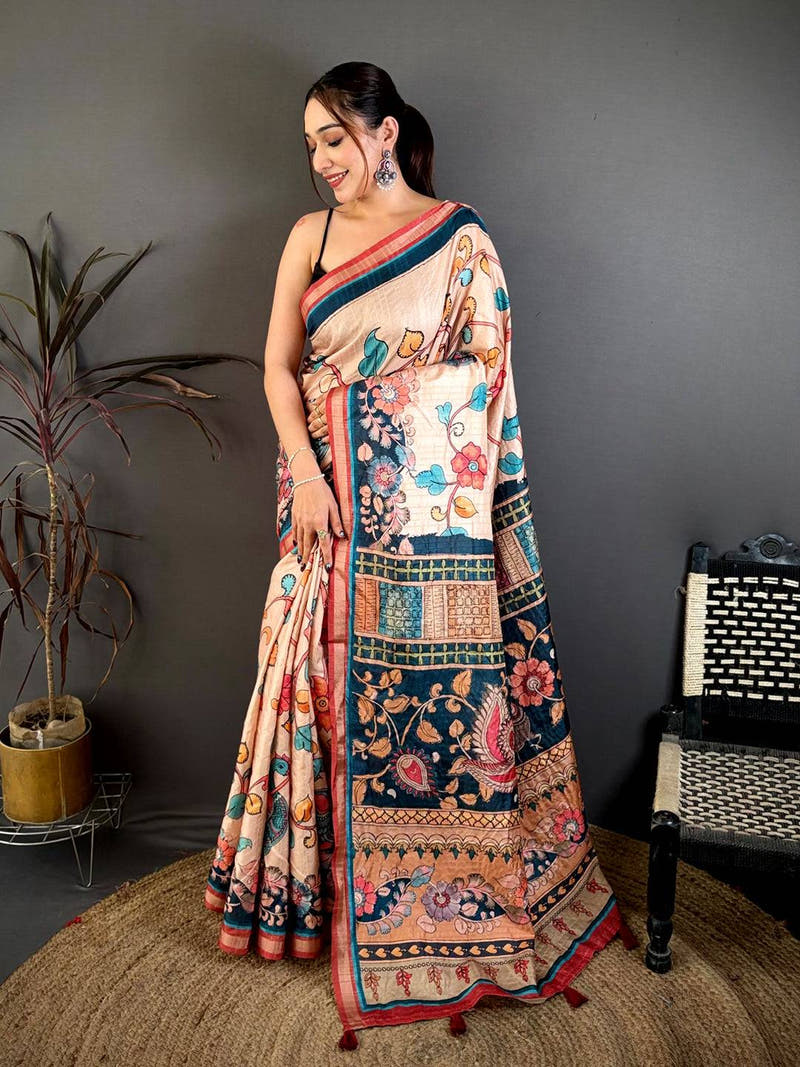 Classic Bright Pen Kalamkari Tussar Saree