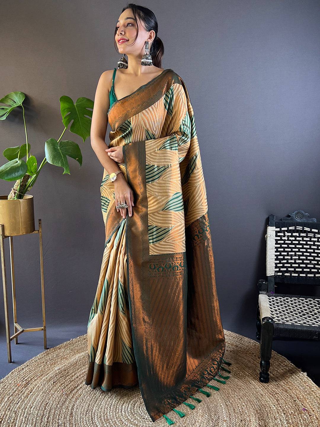 Full view of brown Tussar silk Ikkat saree with intricate designs.
