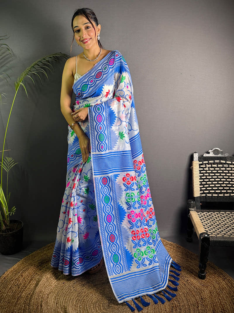 Sky Blue Dhakai Jamdani Soft Cotton Silk Saree