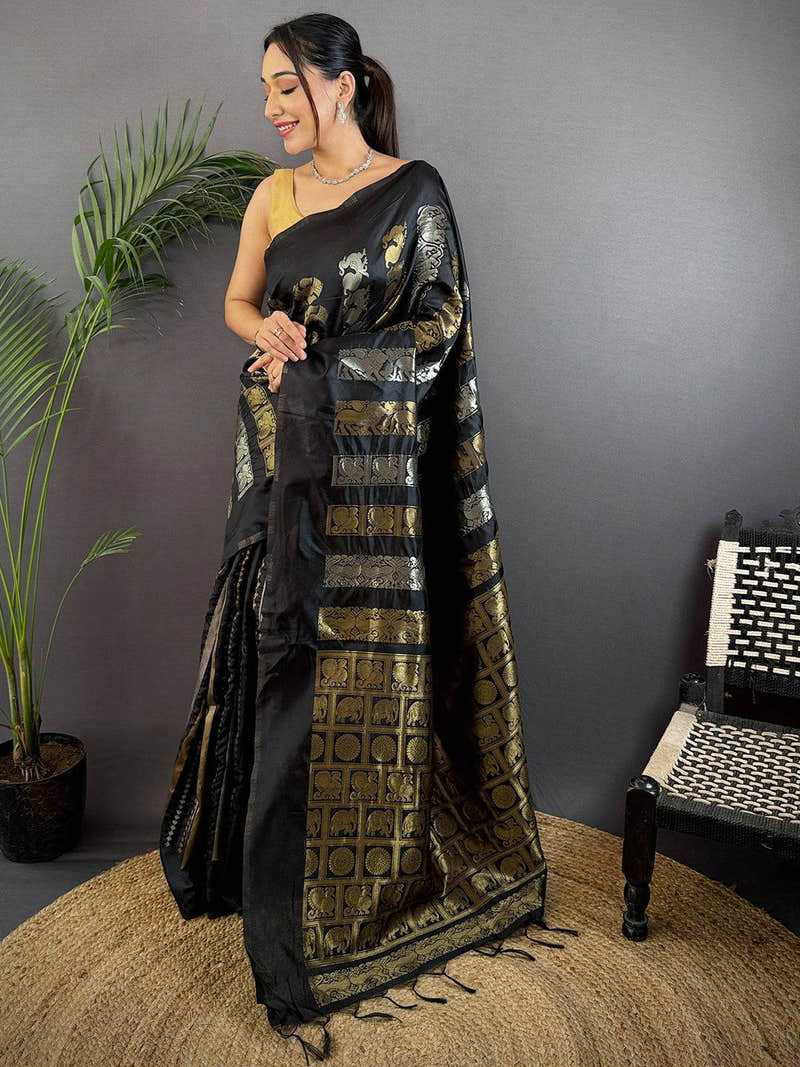Black Soft Silk Sona Chandi Zari Weaving Saree