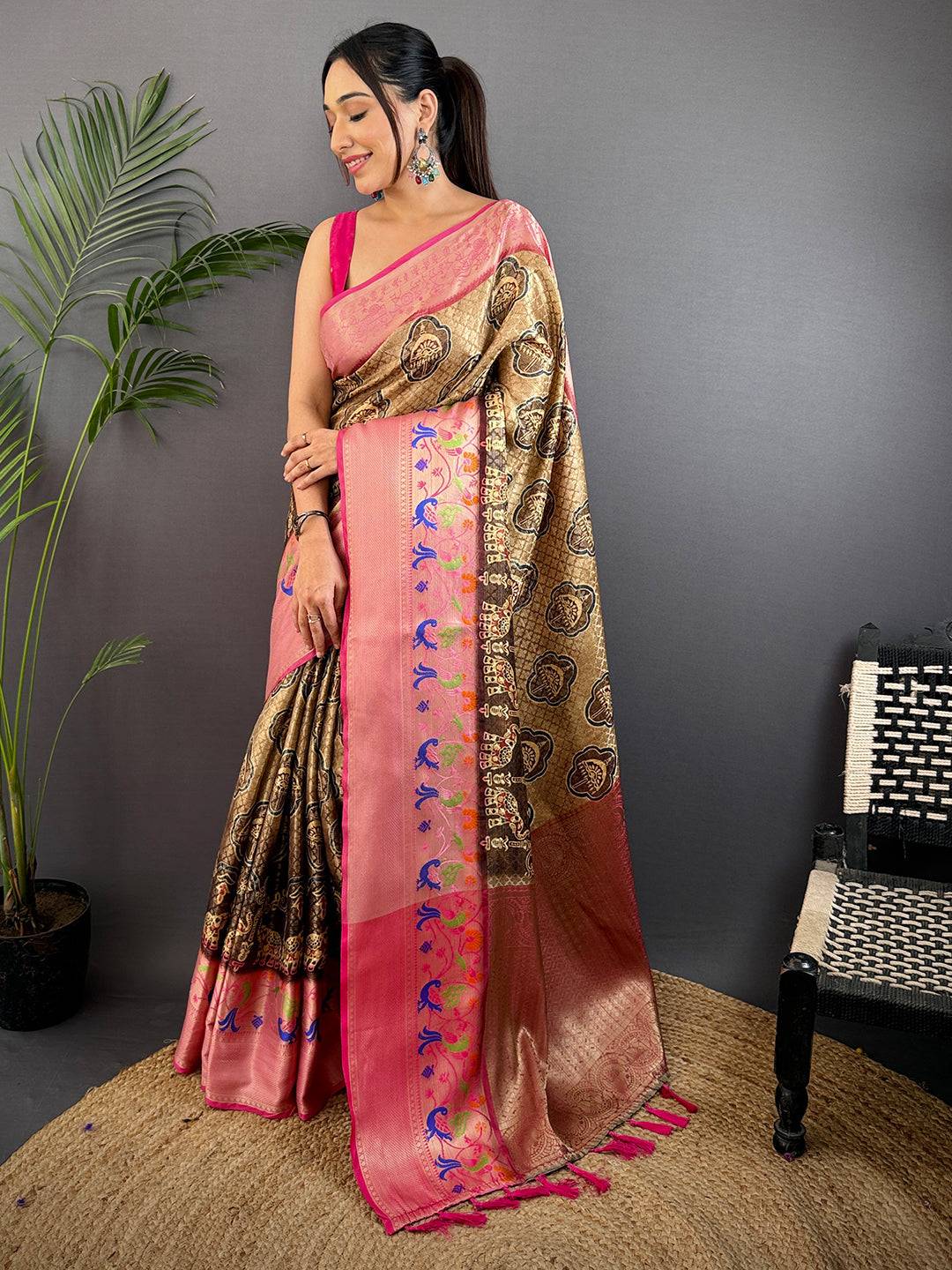 Beige Kora Muslin Kalamkari Floral Print Saree