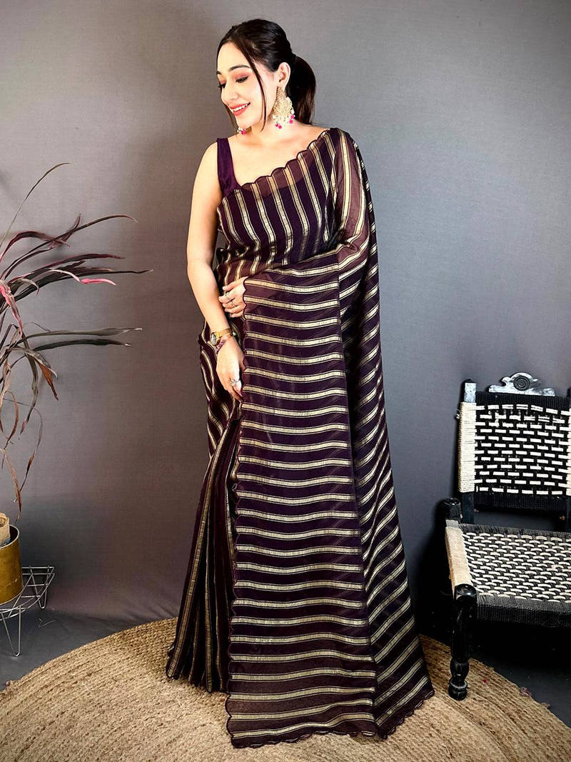 Coffee Brown Gold Zari Stripe Chiffon Saree