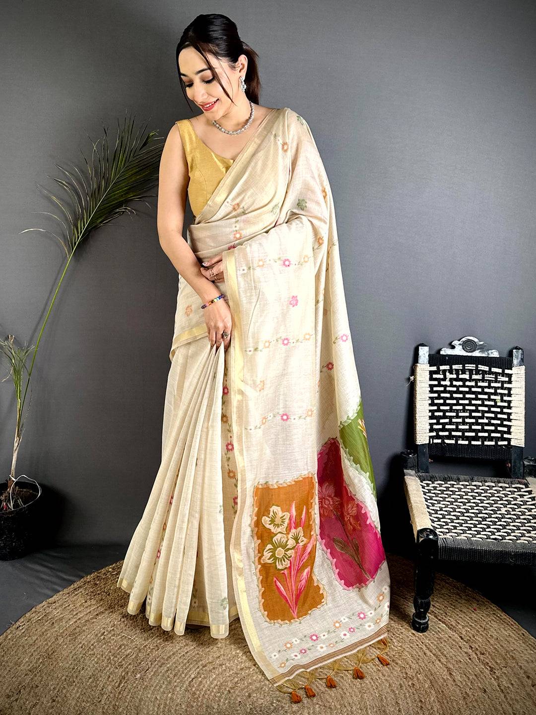 Jharokha Jamdani Cotton Linen Saree