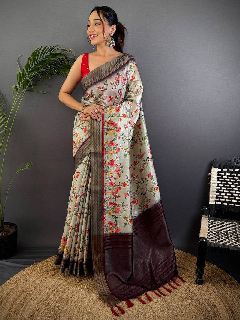 Grey Tussar Silk Digital Print Saree