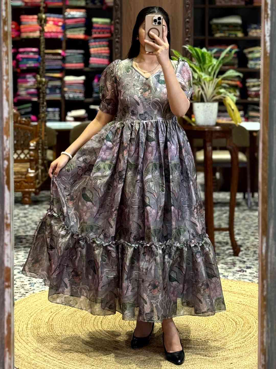 Dark Grey Floral Print Midi Dress