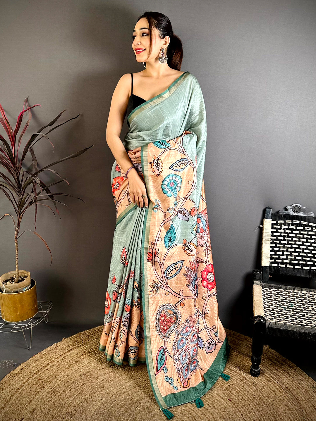 Regal Tussar Ghicha Kalamkari Saree