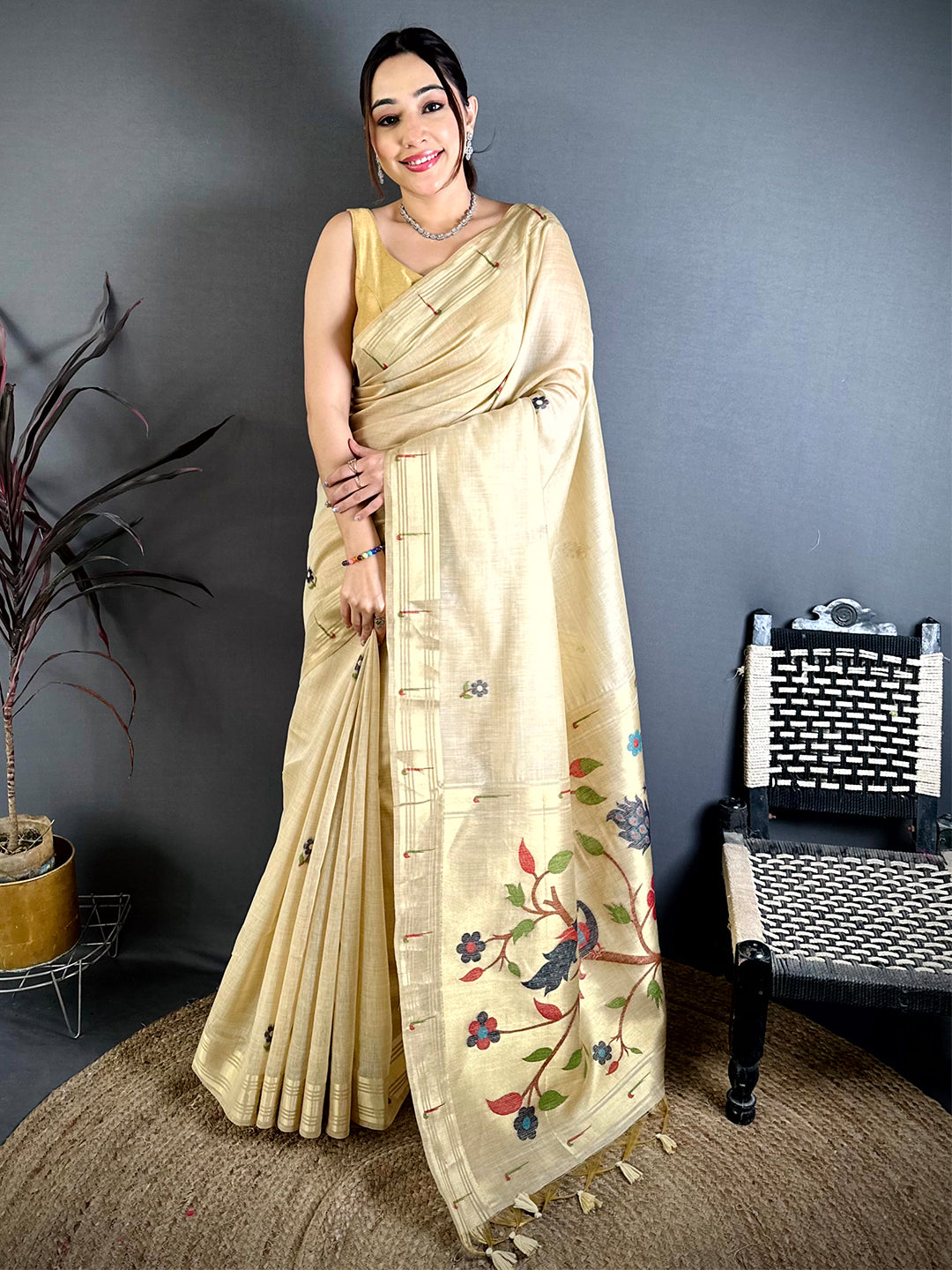 Cream Sunflower Minakari Khadi Saree