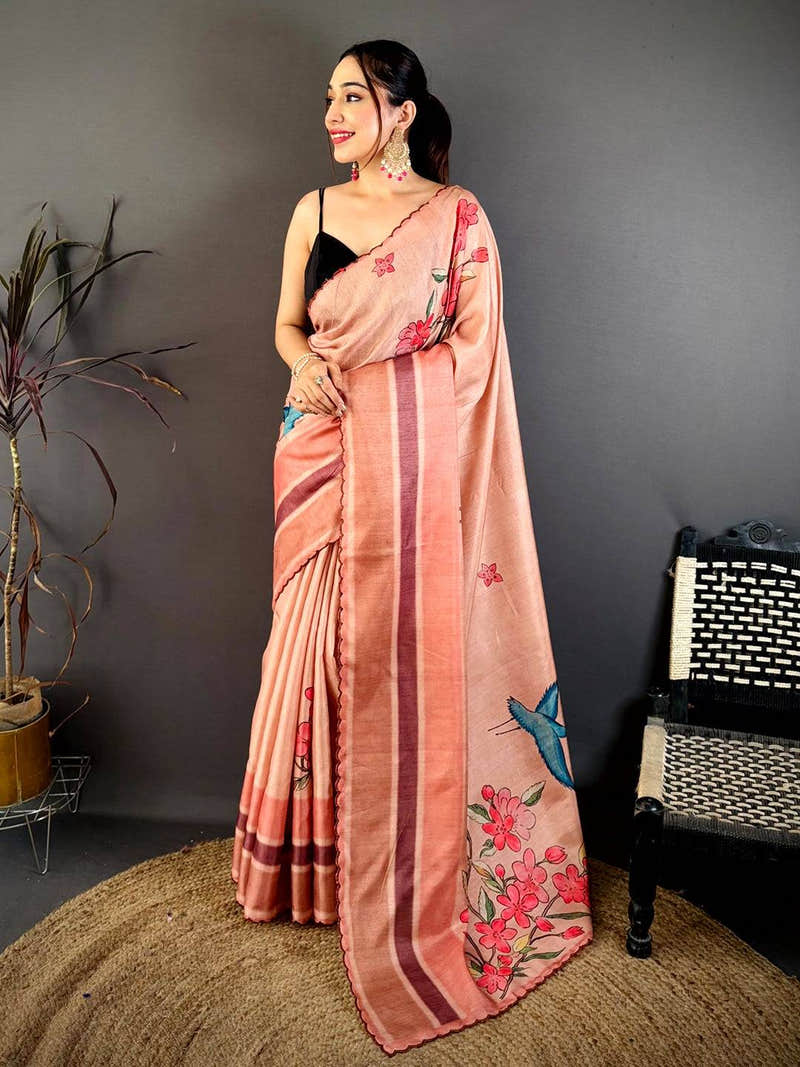 Designer Bird Print Tussar Saree