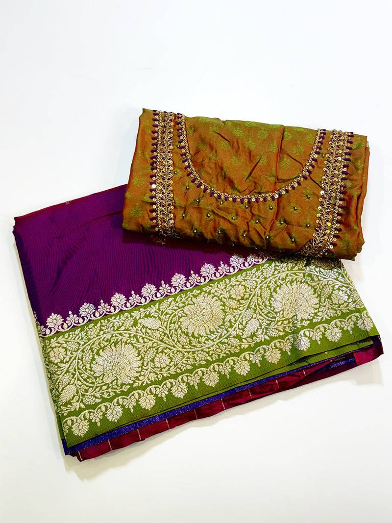 Regal Magenta Soft Silk Gadwal Saree With Maggam Blouse