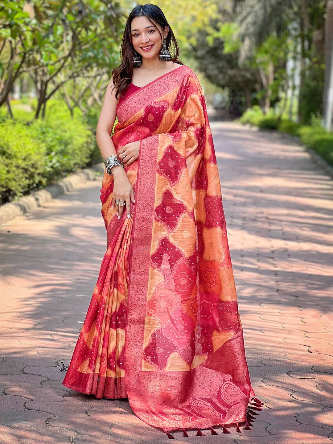 Elegant Orange Digital Block Print Saree in outdoor setting