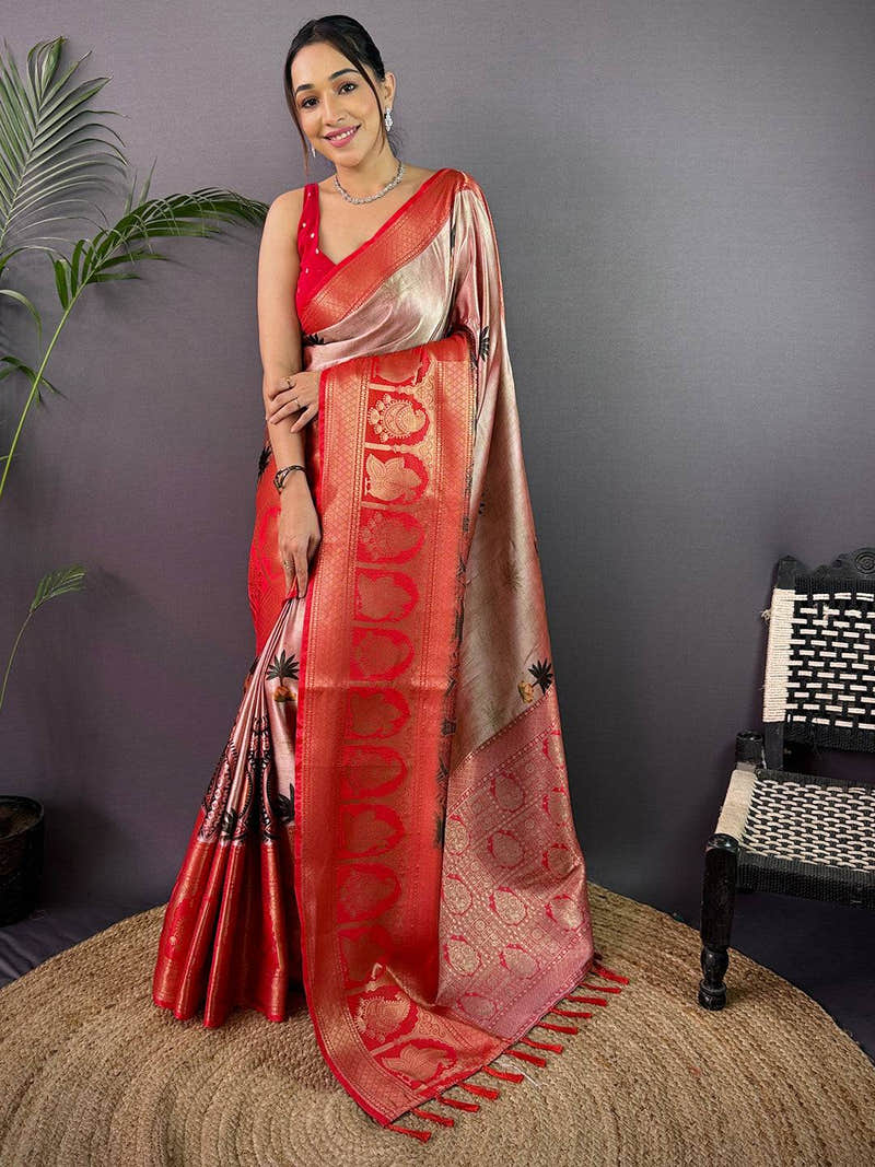 Elegance Soft Cherry Satin Kalamkari Print Saree